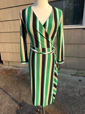 INC International Concepts Faux Wrap Midi Dress XS NWT Green Striped Long Sleeve